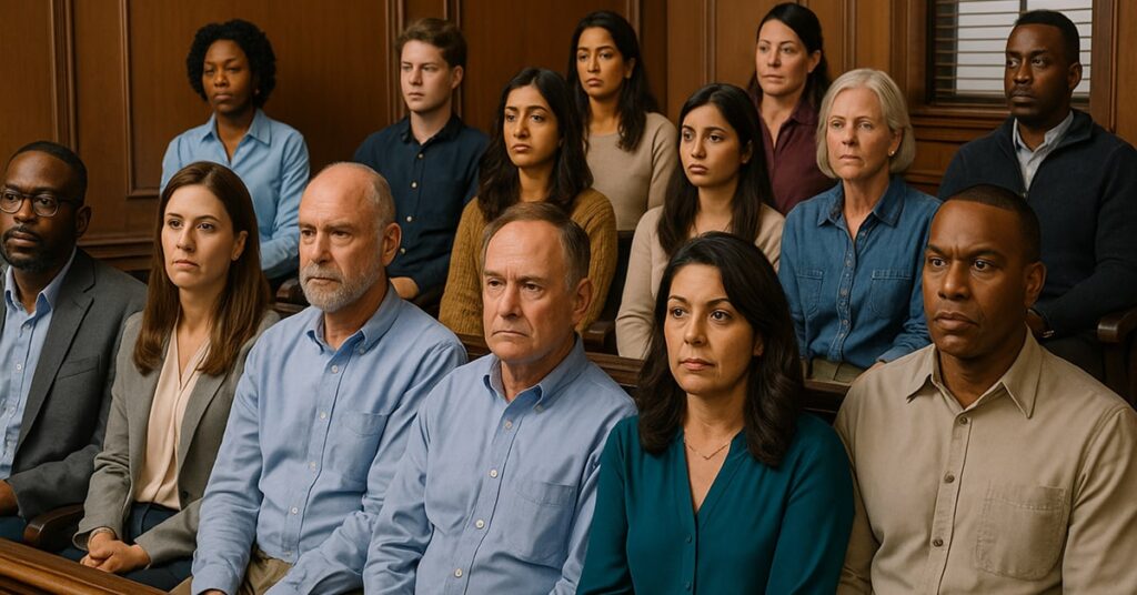 A photograph of a diverse group of potential jurors seated in a Harris County courtroom, representing prospective jurors during jury selection in Houston criminal courts.