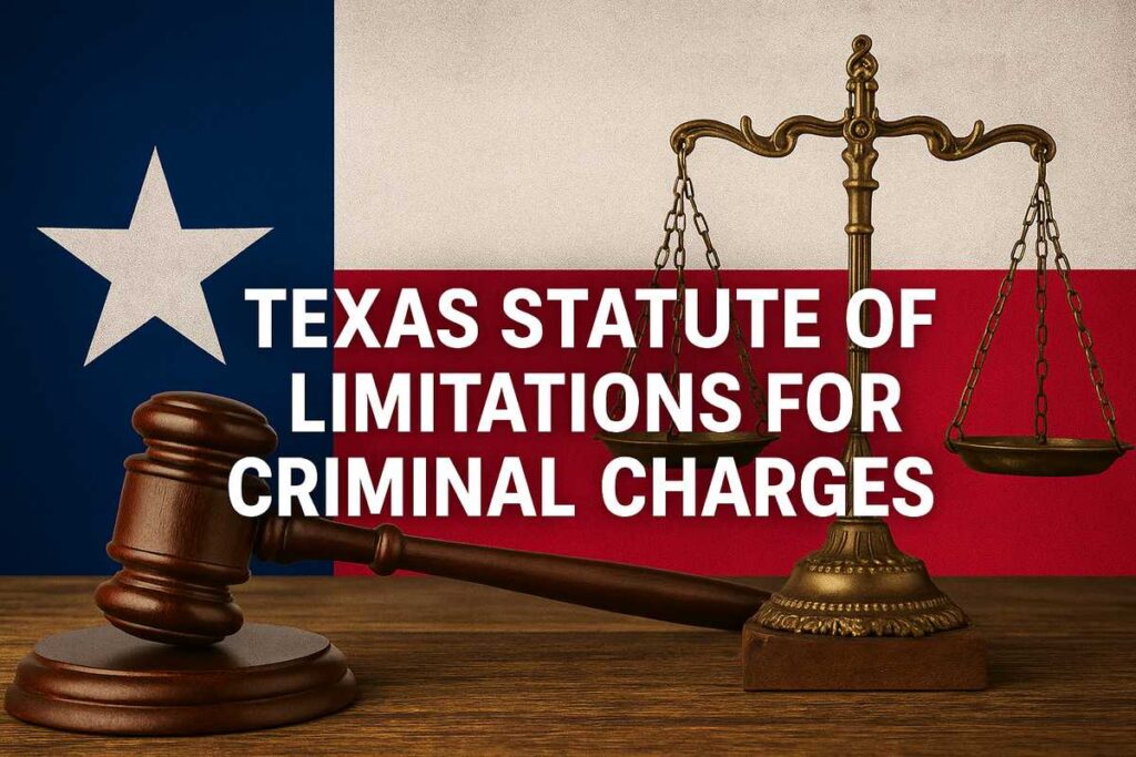 A digital graphic featuring a wooden gavel, brass scales of justice, and the Texas flag in the background, with the text “Texas Statute of Limitations for Criminal Charges” overlaid, symbolizing law, time limits, and criminal defense in Texas.